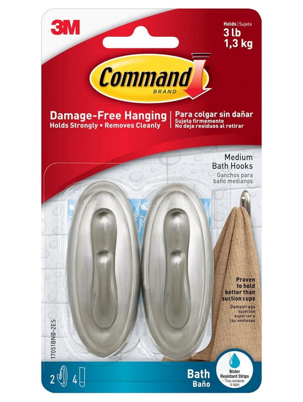 Command Traditional Plastic Bath Hooks Value Pack, Medium, Brushed Nickel